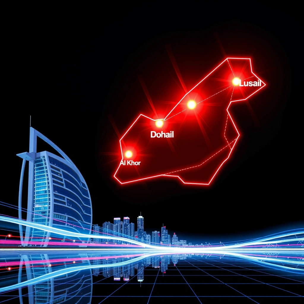 Stylized 5G coverage map of Qatar highlighting key districts